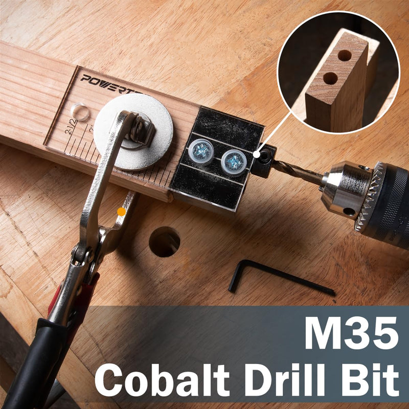 POWERTEC 71716 Dowel Drilling Jig with laser cut witness mark, included depth scale, Cobalt M-35 Drill Bit and Split Ring Stop Collar, 3/8-Inch 3/8" Dowel Drilling Jig