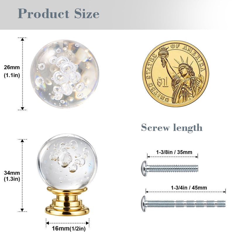 POZEAN Crystal Bubble Ball Knobs - 12PCS Decorative Cabinet Drawer Pulls, Transparent Crystal Sphere Handles with Gold Aluminum Base for DIY Furniture Upgrade, Closet, Kitchen, Desk, and Gift Use