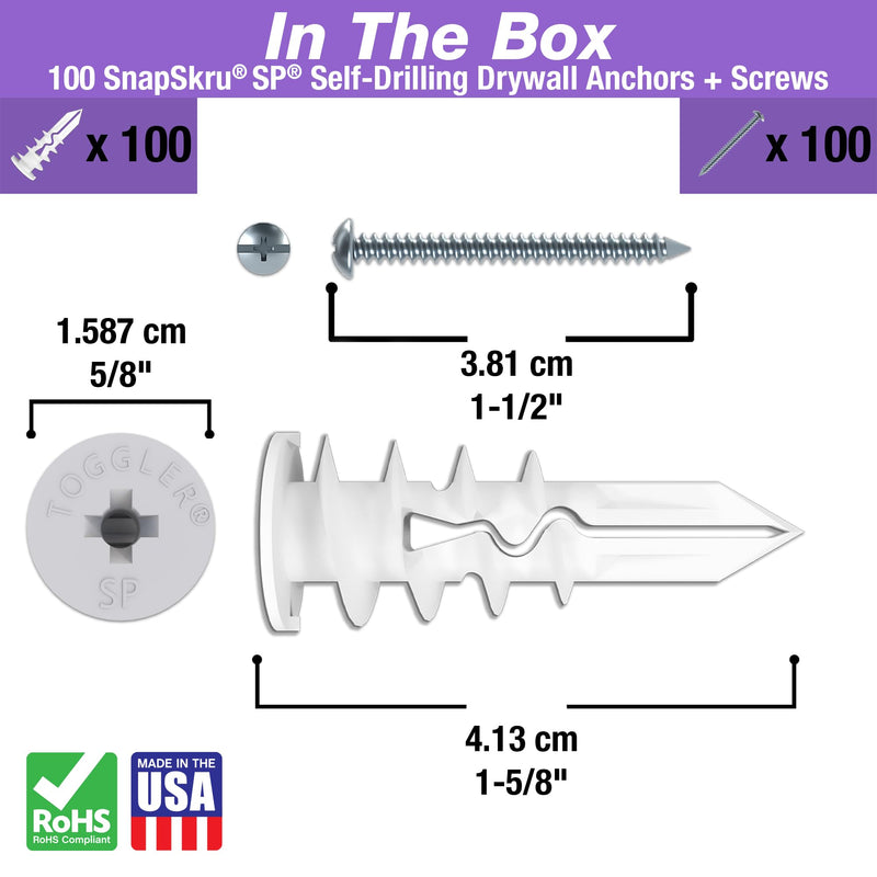 TOGGLER SnapSkru SP Self-Drilling Drywall Anchor for Hollow Wall Application, Glass-Filled Nylon, Made in US, for #6 to #10 Fastener Sizes 100 Pack w/ Screws