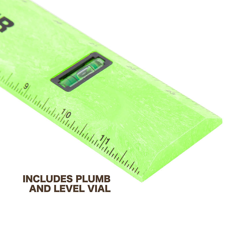 Mayes 10743 Polystyrene Level Rule, 24 Inch Leveler Tool, Straight Edge, Easy to Read Center Finding Measurements, With Plumb and Level Vials, Green Standard