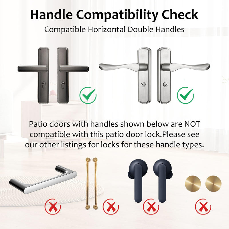 French Door Security Keyless French Patio Door Security Lock Aluminum Alloy Double Door Easy Install Double Door Handle Lock Only Works with 2 Horizontal Handles (with Alarm) White with Alarm
