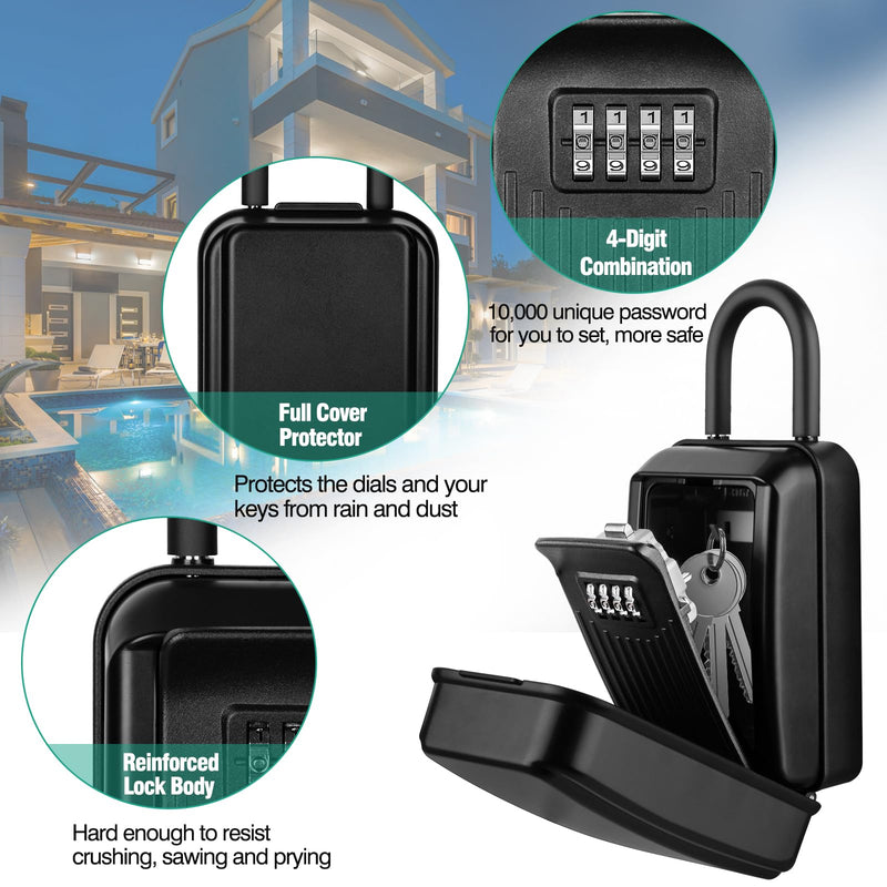 HUANLANG Key Lockbox for Outside,Spare Key Lock Box for Door Handle Waterproof 4 Digit Combination Resettable Code,Upgraded Large Capacity Heavy Duty Lockbox for House Keys, Car Keys, ID Cards Hang Ring-Black