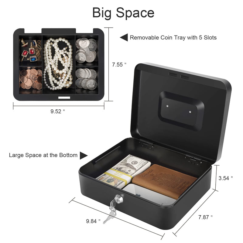 Cash Box with Lock and Money Tray Metal Money Box Large Cash Lock Box for Money 9.84" x 7.87" x 3.54" Black Black-Large