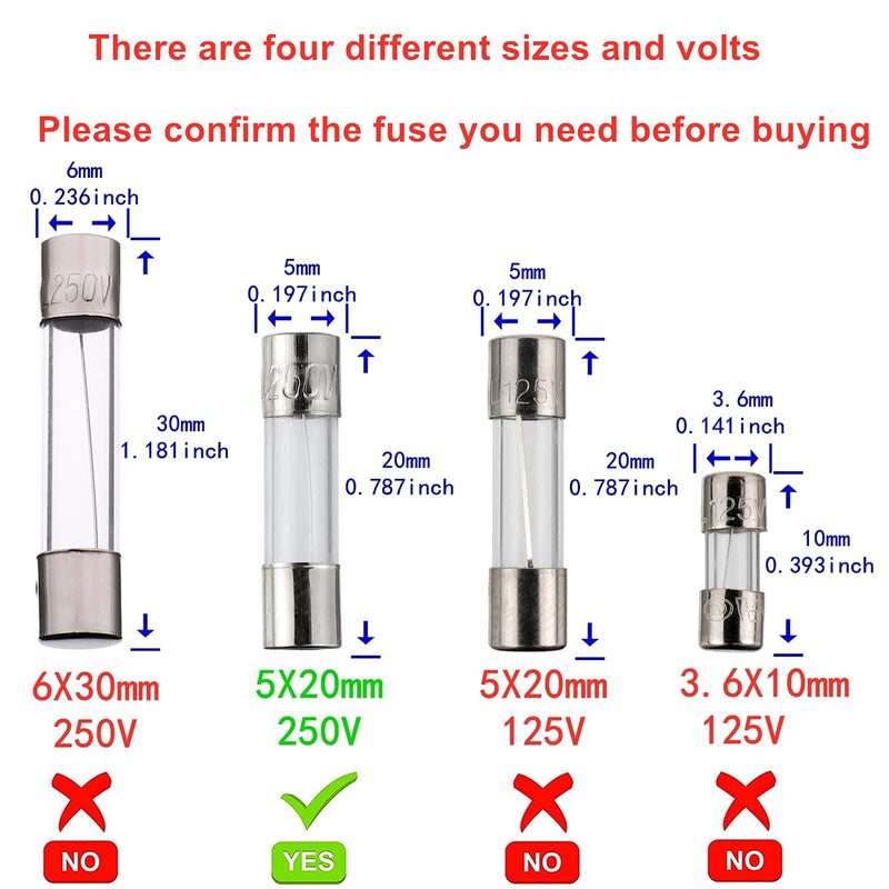 BOJACK T5AL250V 5x20mm 5A 250V Slow Blow Fuses 5 amp 250 Volt 0.2 x 0.78 Inch Glass Tube Time-delay Fuses (Pack of 20)