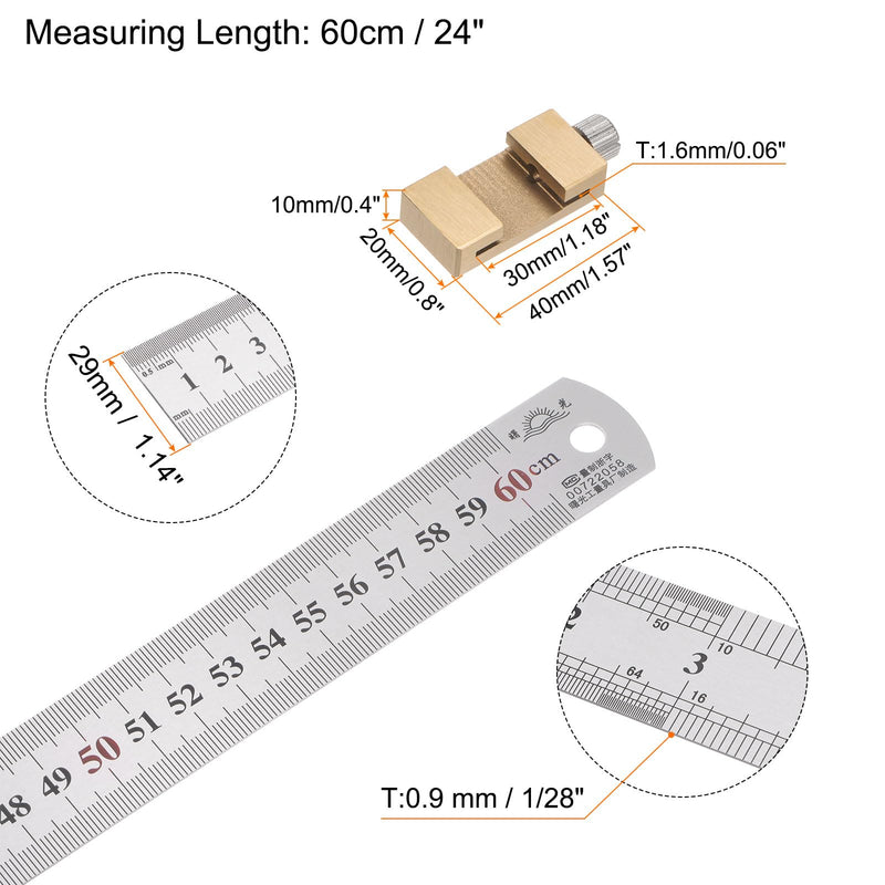 HARFINGTON 2 in 1 Stainless Steel Ruler with Scriber Block 60cm/24 Metric and Inch Metal Ruler with 30mm Length Brass Locating Vernier Slider for Woodworking DIY Measuring, Gold Tone 60cmx29mmx0.9mm