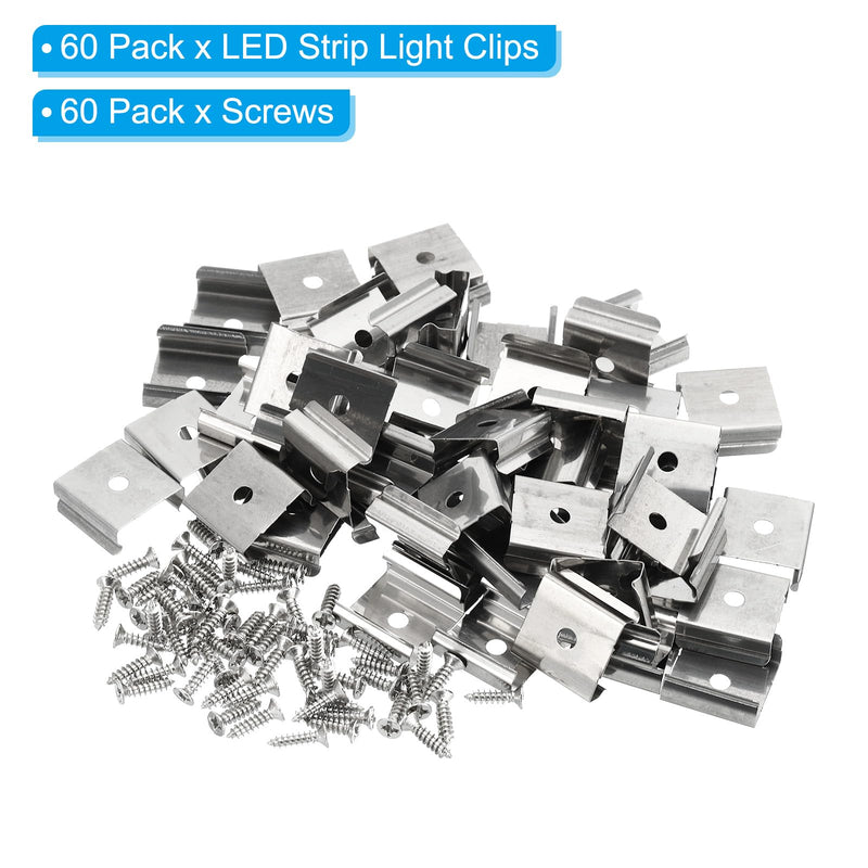 PATIKIL LED Strip Clips, 60pcs Stainless Steel Mounting Brackets Fixing Clip Clamp Support Holder with Screws for 16mm to 17mm LED Strip Lighting Cable
