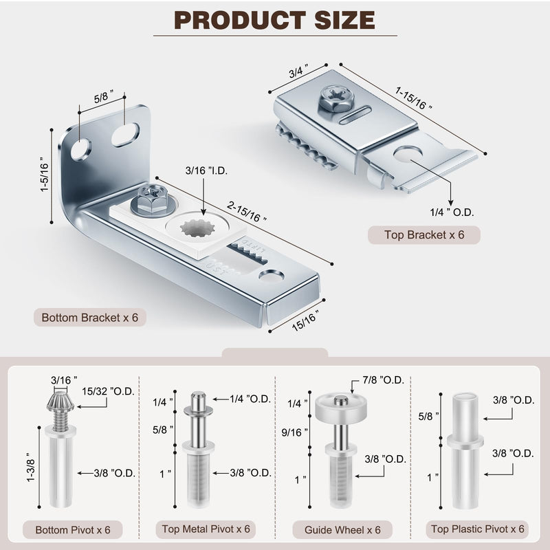 6 Pack Bifold Door Hardware, Folding Closet Doors Repair Kit, Bi Fold Closets Kits with Top and Bottom Bracket, Guide Wheel & Pivot, Fits 7/8" to 1" Track 6 Pack Sliver