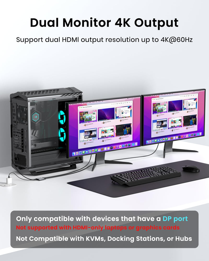 4K 60Hz DisplayPort to Dual HDMI Adapter, MST Splitter for Dual Monitor Extender, Supports Extended & Mirror Mode, Plug and Play, USB Power Cable Included