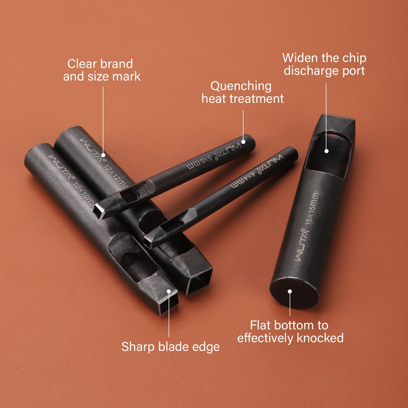 WUTA Square Leather Hole Punch,5PCS Steel Hollow Punch Tool Set for Belt,Watch Band,Leather Crafting（2mm-10mm ） 2mm+4mm+5mm+8mm+10mm (5pcs)