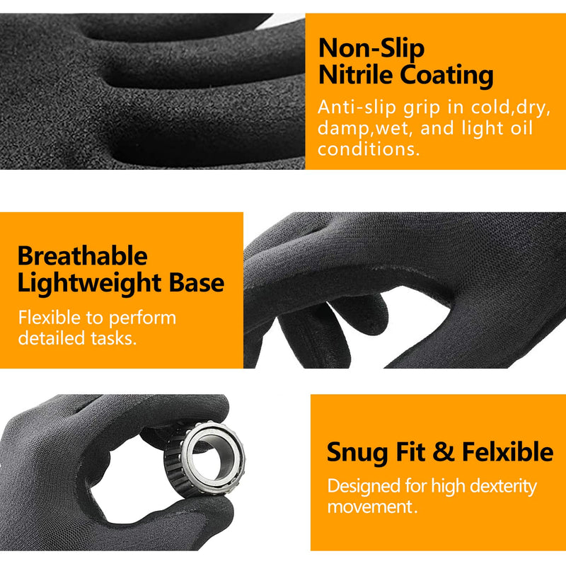 Safety Work Gloves MicroFoam Nitrile Coated-3/6/12/36 Pairs,Breathable Nylon Working Gloves for Men Women 9/Large 3 Pairs/ Grey