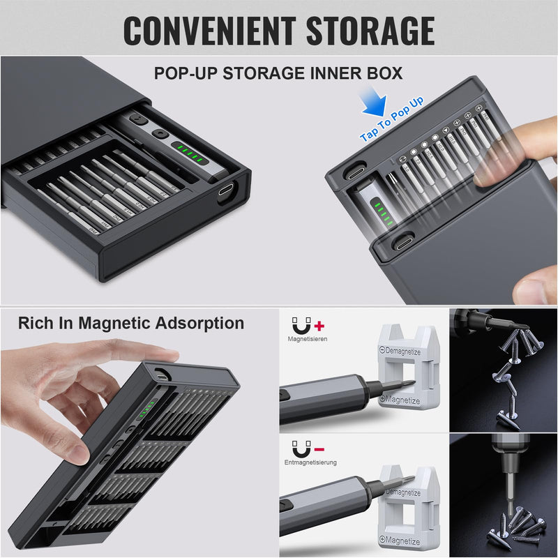 Mini Electric Screwdriver 3.7V, Cordless Screwdriver Set, Precision Electric Screwdriver 72-in-1 Magnetic Bits, Rechargeable Portable Repair Tool Kit for Electronics Laptops Glasses Clocks 72 Black