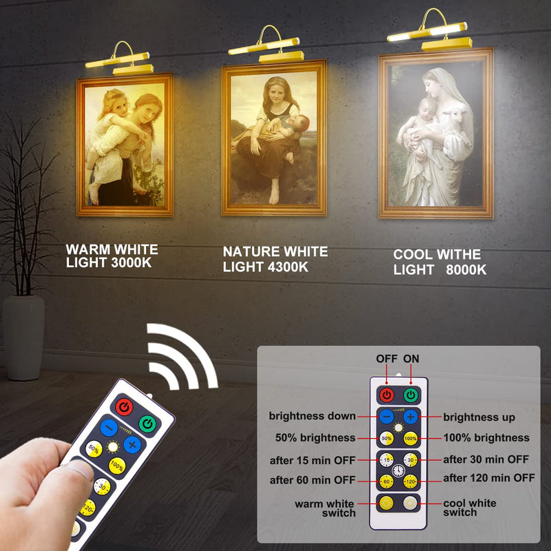 LUXSWAY Wireless Picture Light Battery Operated, Remote Control Painting Light with Rotatable Light Tube, Dimmable and Timer Off Art Display Light for Picture Frame Artworking Portrait -Orange Gold Battery-13 inch