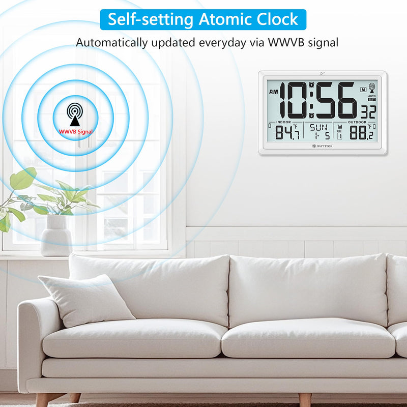 Atomic Clock Wall with Indoor/Outdoor Temp, Battery Operated Digital Wall Clock with 10.5" Large LCD Display, 330ft Range Desk Table Clock with Alarm, DST, Calendar for Living Room Bedroom, White