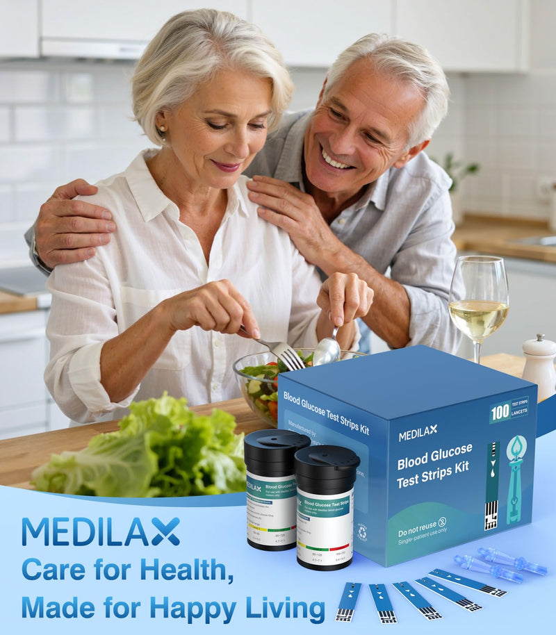 Medilax Blood Glucose Test Strips, Only for Medilax Blood Glucose Monitor | 100 Counts Blood Sugar Test Strips + 100 Counts Lancets, Testing Kit for Diabetes, High Accuracy & Fast Results