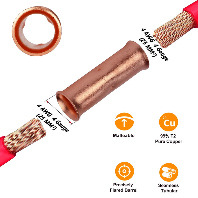 SVAAR 4 Gauge Butt Splice Connectors 20 PCS 4 AWG Non-Insulated Butt Connectors,Bare Pure Copper Butt Splice Wire Connector,Heavy Duty Uninsulated Crimp Butt Terminals + 20 PCS 3:1 Heat Shrink Tube 4 Gauge (4 AWG)