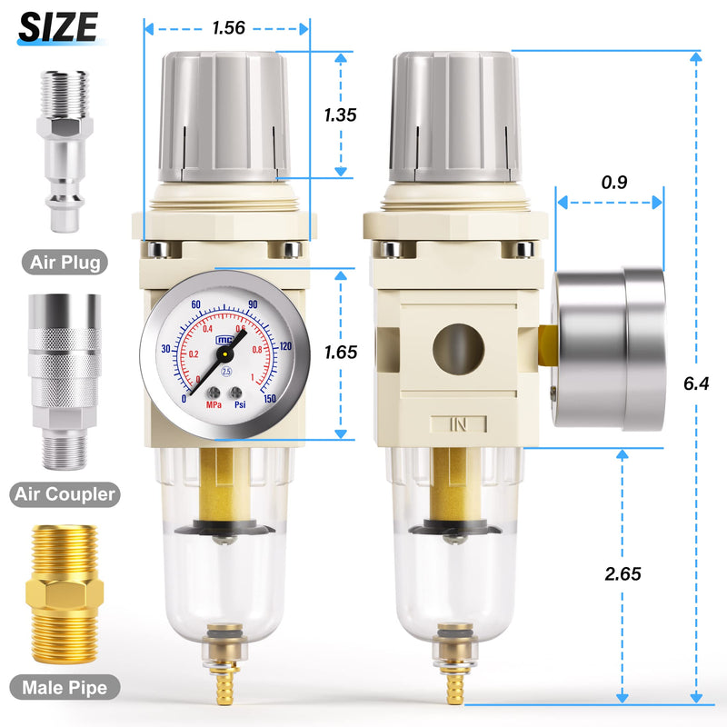 TAILONZ PNEUMATIC 1/4 Inch NPT Air Filter Pressure Regulator Combo Piggyback, Air Tool Compressor Filter with Gauge AW2000-02 1/4"NPT Semi-Auto Drain