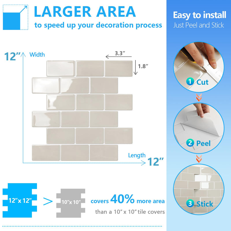 STICKGOO Subway Tile Peel and Stick Backsplash, Thicker Design 12" x 12" Stick on Backsplash Tiles for Kitchen, Bathroom, Wall Tile (10 Sheets, Light Gray Beige) 10