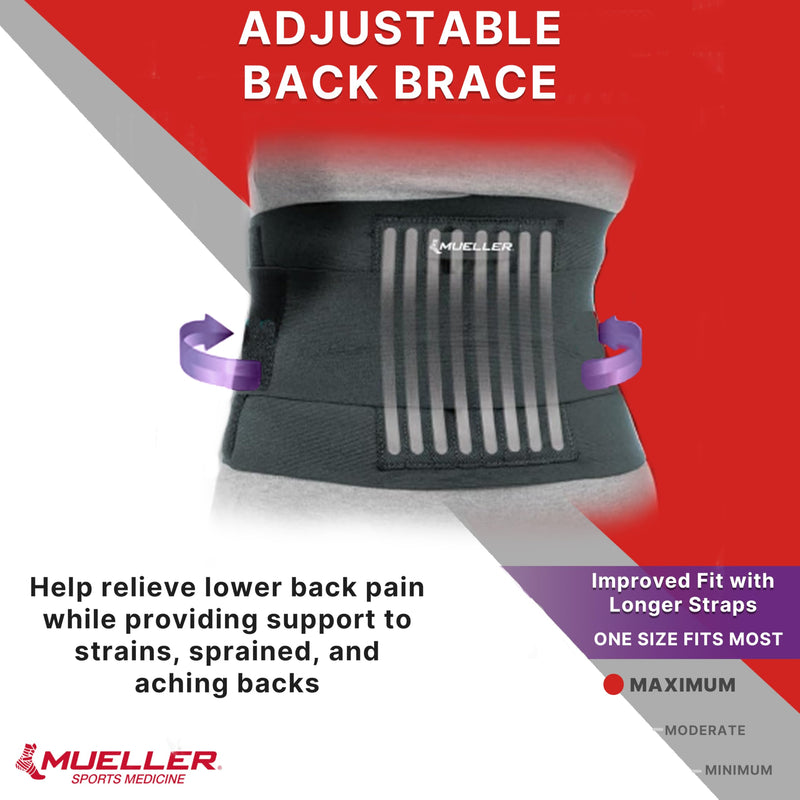 MUELLER Sports Medicine Adjustable Back Brace, Back Pain Relief Support for Men and Women, Ideal for Upper and Lower Back Pain, Sciatica, Scoliosis, Black OSFM
