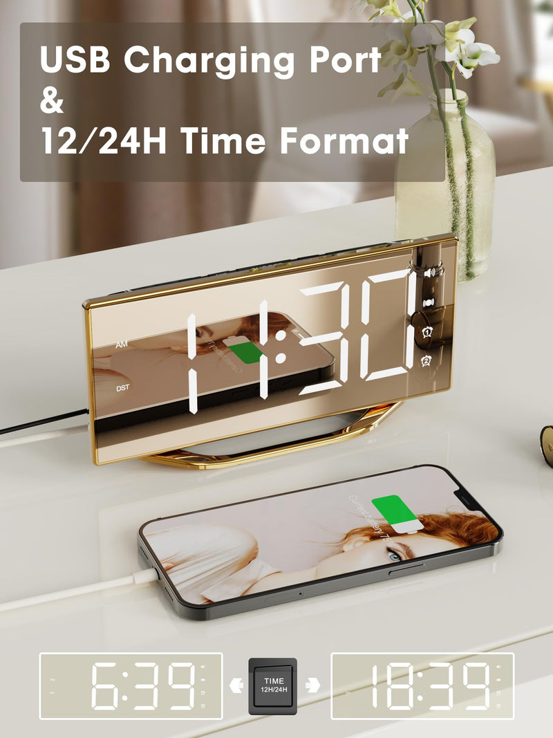Loud Alarm Clock for Heavy Sleeper, 2 Alarms Big Display Clock with Bed Shaker for Hard of Hearing Deaf,Plug in Bedroom Mirror Clock,Phone Charger,Dimmer,Simple Digital Clock for Senior Adult Teen Kid Gold Surface(with Bed Shaker)