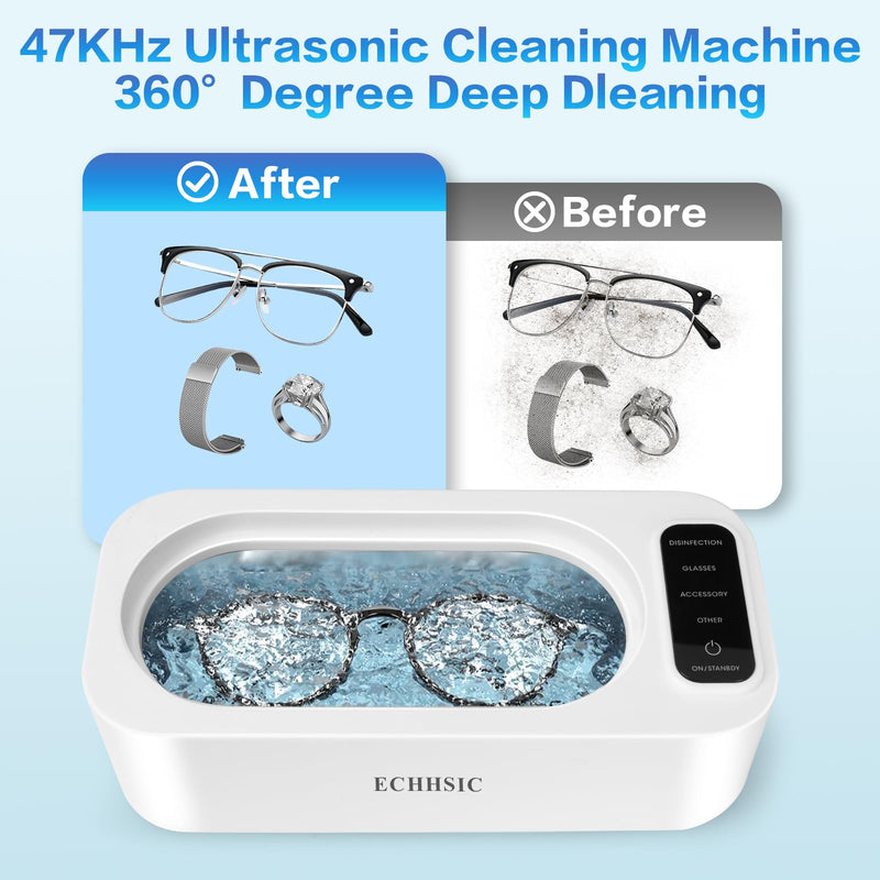 Ultrasonic Jewelry Cleaner 47kHz ultrasonic Cleaning Machine Suitable for Jewelry Rings, Glasses, dentures, Watch Straps Gentle and not Easily Damaged Items 304 Stainless Steel Tank Preferred Gift