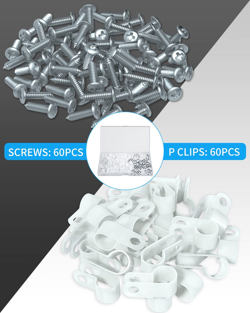 Rope Light Mounting Clips - 60 Pack 1/2 Inch P-Style Extension Cord Wall Clips with Stainless Steel Self Tapping Screws 60 Pack 1/2 Inch Clips with Screws