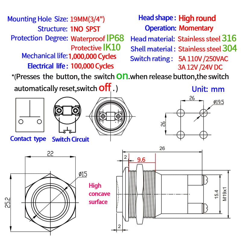 5Pcs IP68 Waterproof, 19mm Momentary Push Button Switch, 5 Amp 316 Stainless Steel, High Top 5V- 250V AC/DC 1NO SPST for Car, Ships or Sea Silver High Round IP68 Waterproof 5Pcs
