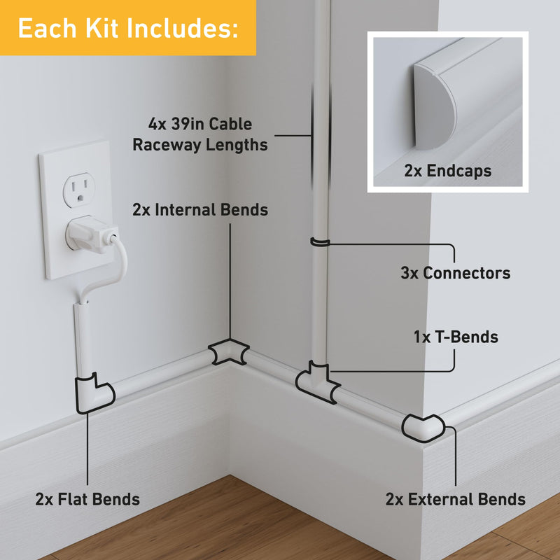 D-Line 13.12ft Cord Hider Kit, Patented Cable Cover, Hide Wires on Wall, Channel for TV Mount Cords, Raceway Wire Hiders, Paintable, Adhesive, Half Round, 4X 0.78in W x 0.39in H x 39in Lengths, White Small (Micro+)