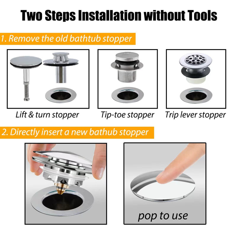 Universal Tub Stopper Bathtub Drain, Pop Up BathTub Drain Plug and Cover, Replaces Bath Tub Lift and Turn, Tip-Toe and Trip Lever, Easy to Install and Clean, All Brass Plating Process Silver Modern Style Tub Stopper