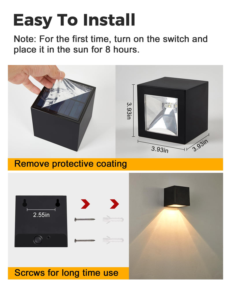 LUHLEE Solar Wall Lights Outdoor,Square Modern Solar Wall Sconce Lights, IP65 Waterproof Solar Fence Lights, Solar Outdoor Lights for House Wall,Porch,Garden,Yard, Patio,Fence Decor Black