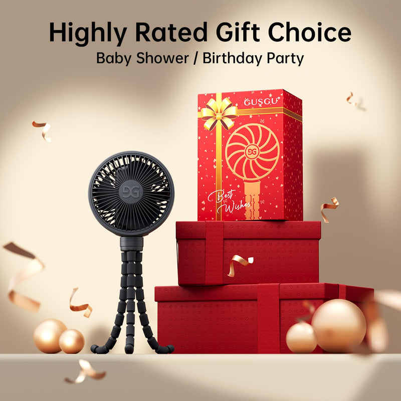 GUSGU Baby Stroller Fan with Clip, Rechargeable & Battery Operated Portable Fan with 16H Max Runtime, Hands Free 360° Adjustable Quiet Personal Fan for Travel, Car Seat, Crib, Trolley, Bedroom Black