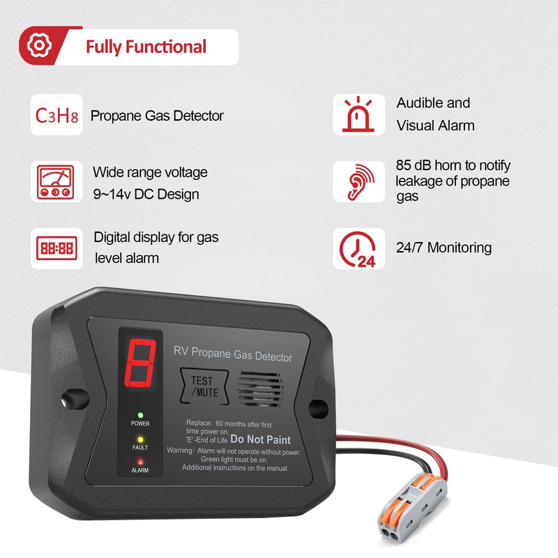 RV Propane Gas Detector, Digital Propane/LP Gas Alarm-12V DC for Motorhome Travel Trailer, Motor Coach, Truck Camper, (R501 Black)