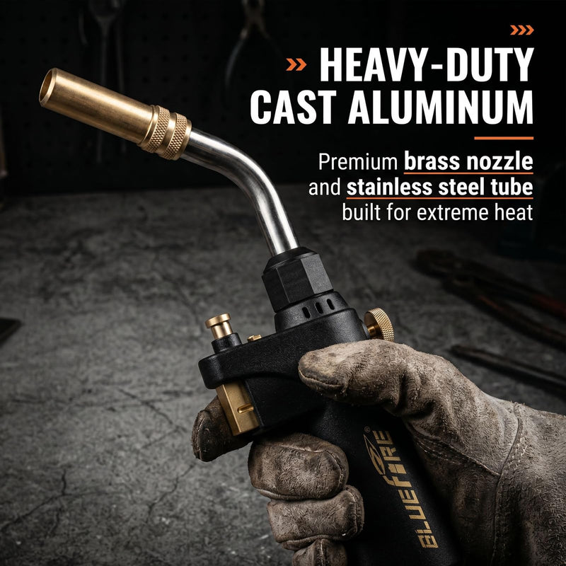 BLUEFIRE BTS-8090 Black Heavy Duty Gas Welding Torch Swirl Flame Head, Auto ON/OFF Trigger Start, Cast Aluminum Body, Compatible with MAPP/MAP-Pro/Propane, Portable Welding Nozzle for 1lb Tanks