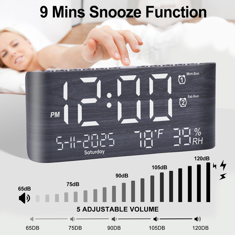 PPLEE 8.7inch Digital Alarm Clock for Bedroom-Digital Clock with Day of Week Month Year Humidity & Temperature Brightness Snooze 2 Alarm Clock & 2 USB Charger Desk Clock for Heavy Sleeper