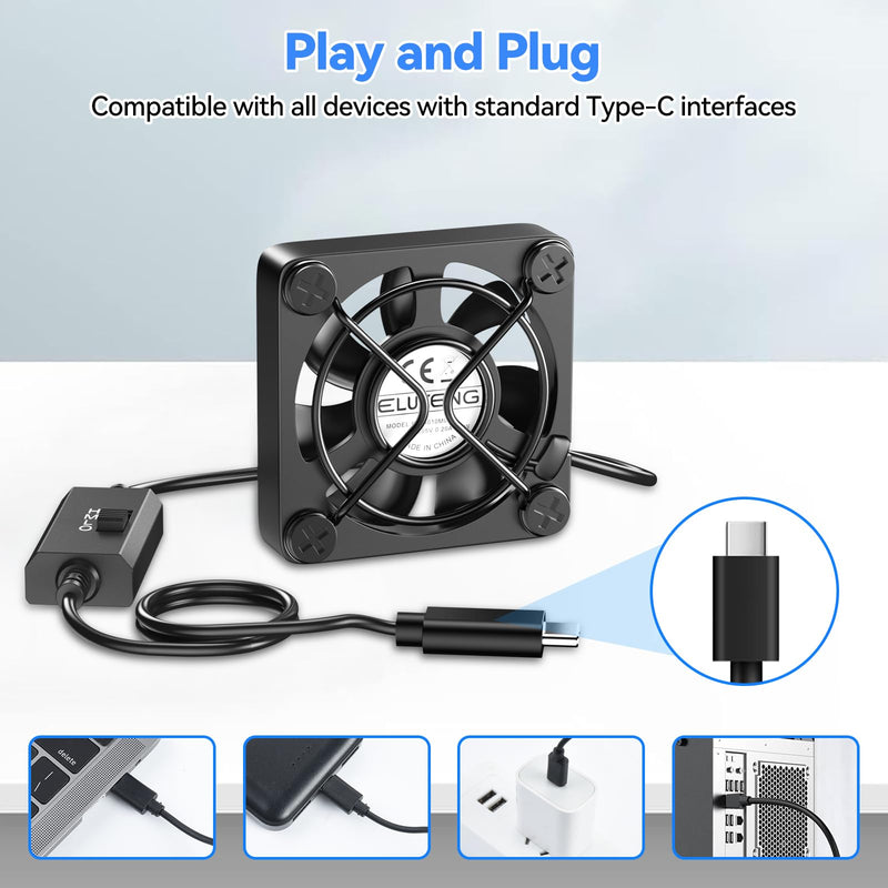 ELUTENG 40mm Mini USBC Fan Double Sided Metal Gril Small USB-C Cooling Fans | 5V Quite 4cm PC Case Ventilator with 3 Adjustable Speeds for Router, Receiver, TV Box, DVR, Xbox, PS6, Cabinet
