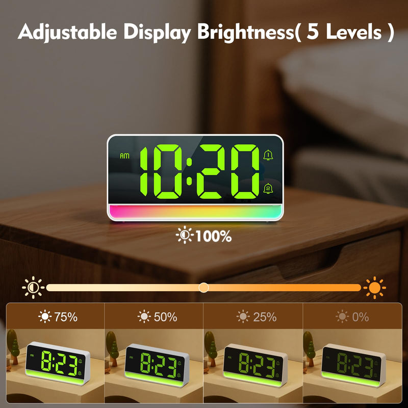 ALANAS Large RGB Digital Alarm Clock with Dynamic Color Changing Mood Lights, Dual Alarms, Snooze, Adjustable Volume & Brightness, DST, USB Ports, Bedrooms Clocks for Heavy Sleepers, Adults, Teens Rgb-white