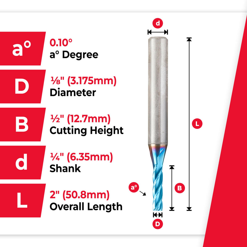 Amana Tool 46586-K CNC Spektra Extreme Tool Life Coated Spiral 2D/3D Carving 0.10 Deg Straight Angle Flat Bottom x 1/8 D x 1/2 CH x 1/4 SHK x 2 Inch Long x 4 Flute SC Up-Cut Router Bit