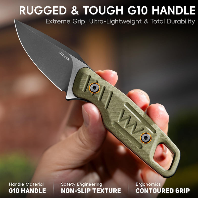 LOTHAR TURTLE Small Fixed Blade Knife, Horizontal Carry Knife | 2.75" 14C28N Steel EDC Neck Knife with Green G10 Handle & Kydex Sheath, Bushcraft Survival Hunting Knife, Gift for Men Women9