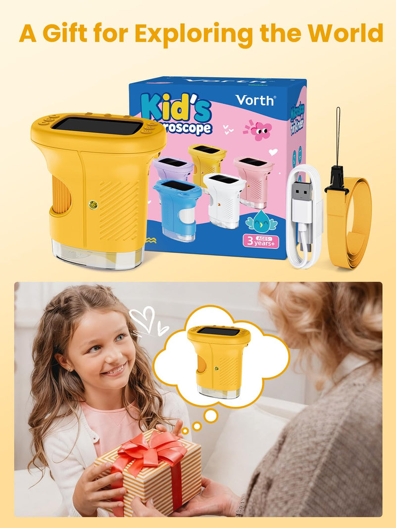 Microscope for Kids, 2.4 Inch Digital Microscope with 1000X Magnification, Handheld Camera Mini Pocket Magnifying Glass, Educational Christmas Birthday Gifts Toys for Ages 3+, Yellow