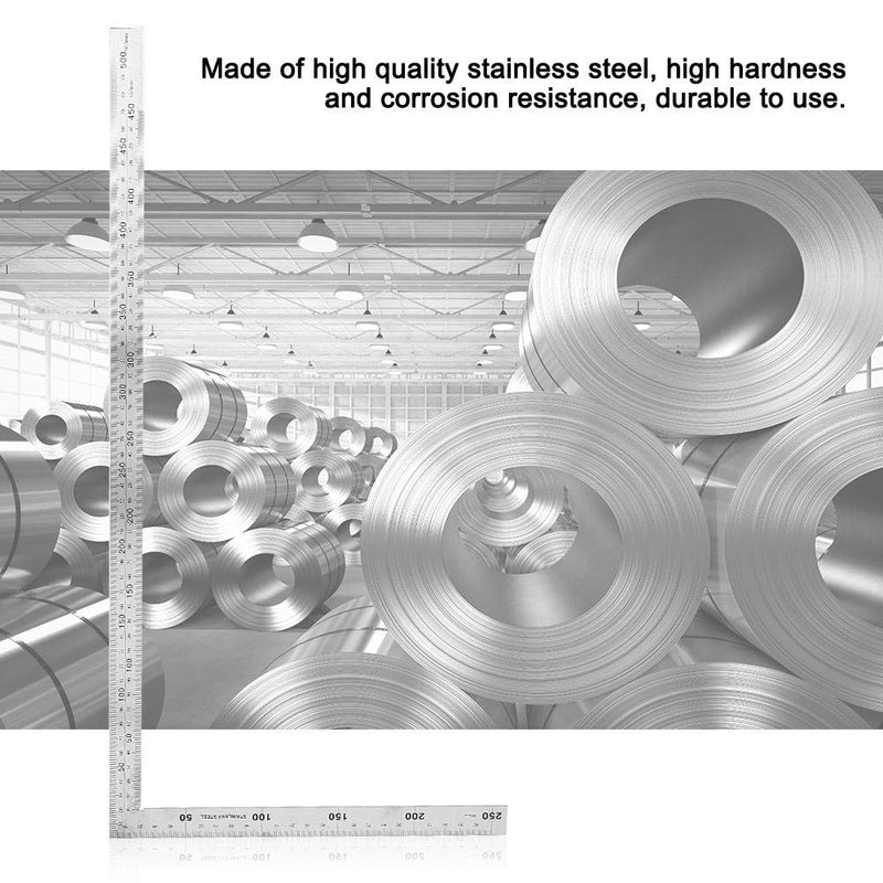 Oumefar Metal Square Ruler Double-Scale Protractor Angle Ruler L-Shaped Framing Square Ruler Stainless Steel Angle Measuring Tool(500mm*250mm)