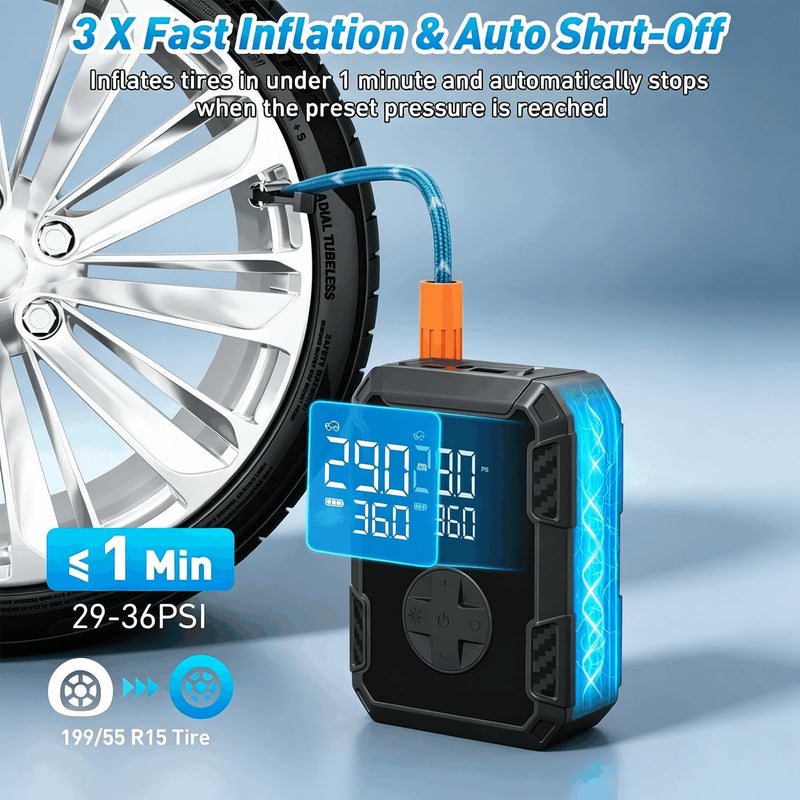 Tire Inflator Portable Air Compressor – 150 PSI Cordless Bike Tire Pump Rechargable, Auto Shut-Off, Digital Display, Fast Inflation for Car Tires, Motorcycles, Balls