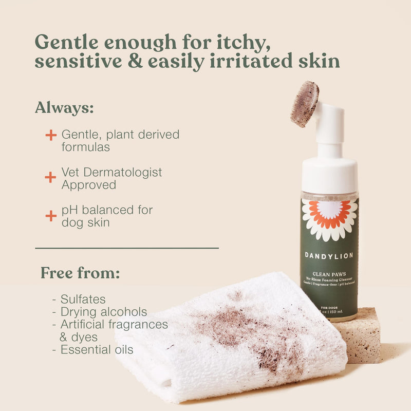 Dandylion Clean Paws | No-Rinse Puppy Paw Cleaner & Dog Paw Wash | Gentle, Fragrance-Free, pH Balanced Foaming Cleanser with Silicone Bristle Brush | Safe for All Dogs | 5 fl oz 5 Fl Oz Bottle with Brush