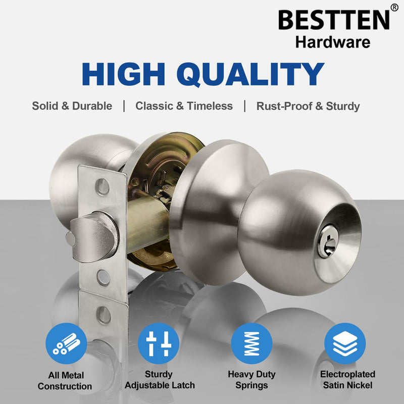 BESTTEN Keyed Entry Door Knob with Lock, Interior and Exterior Door Lock, Standard Ball, Satin Nickel 1
