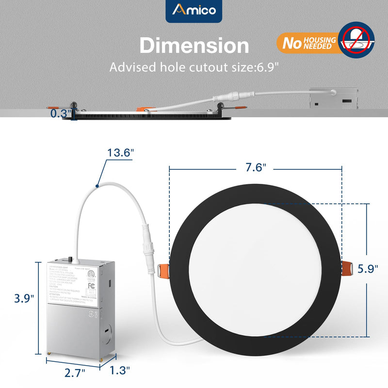 Amico Black 7 Inch 5CCT 1 Pack Ultra-Thin LED Canless Recessed Ceiling Light with Junction Box, 2700K-5000K Selectable, 1300LM Brightness, 15W=100W, Dimmable Wafer Downlight-ETL&FCC