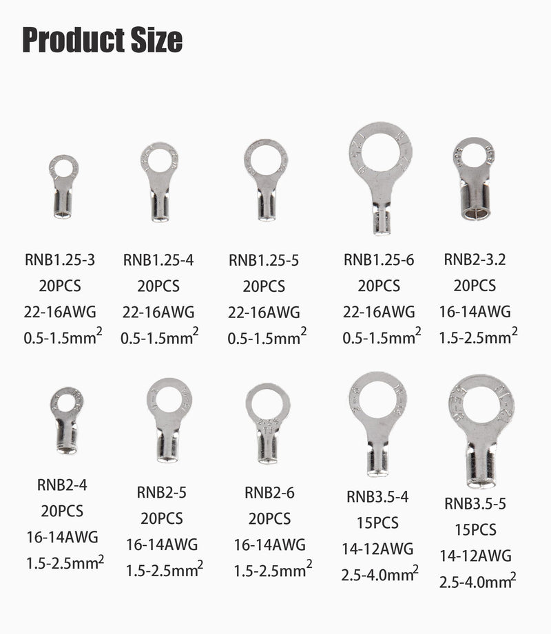 250pcs Non-Insulated Ring Terminals, Copper Ring Connectors Terminals, AWG22-16 16-14 14-12 12-10 Crimp Ring End Terminal, Electric Wire Connectors, Tin-Plated Wire Lugs Battery