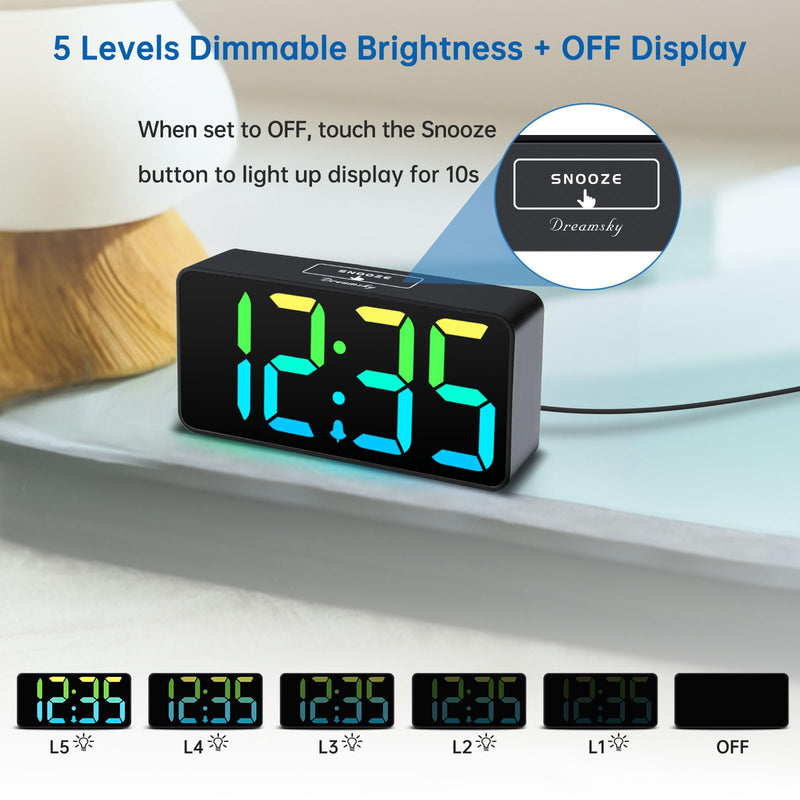 DreamSky Small Digital Alarm Clocks for Bedrooms - RGB Electric Alarm Clock for Kids Bedside Nightstand, Desk Clock with Large Numbers, Dimmer, Adjustable Alarm Volume, USB Port, USB-C Adapter Powered Black Case Rgb Digits