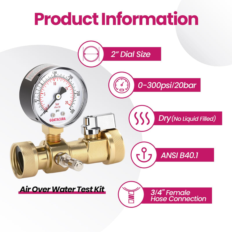 0-300psi Air Over Water Test Kit, 2” Dial Size, 1/4" NPT Lower Mount, with 3/4” Female Hose Tee Connection for Leak Detection and Pressure Testing,3-2-3% Accuracy