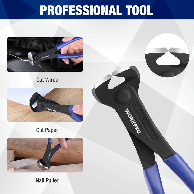 WORKPRO 7 Inch Nail Puller, End Cutting Pliers - Black Finish Chrome Vanadium Steel, High Leverage End Cutting Nipper, Carpenters Pincers, End Snips for Pulling Nails or Cutting Wires Small