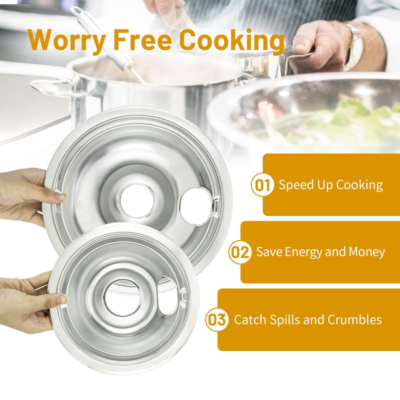 4-Piece Drip Pans Set - Compatible with GE Stoves - Chrome Finish Electric Stove Burner Drip Pans - 2 x 6inch, 2 x 8inch Stove Drip Pans - GE Stove Drip GE/Hotpoint GE-Silver