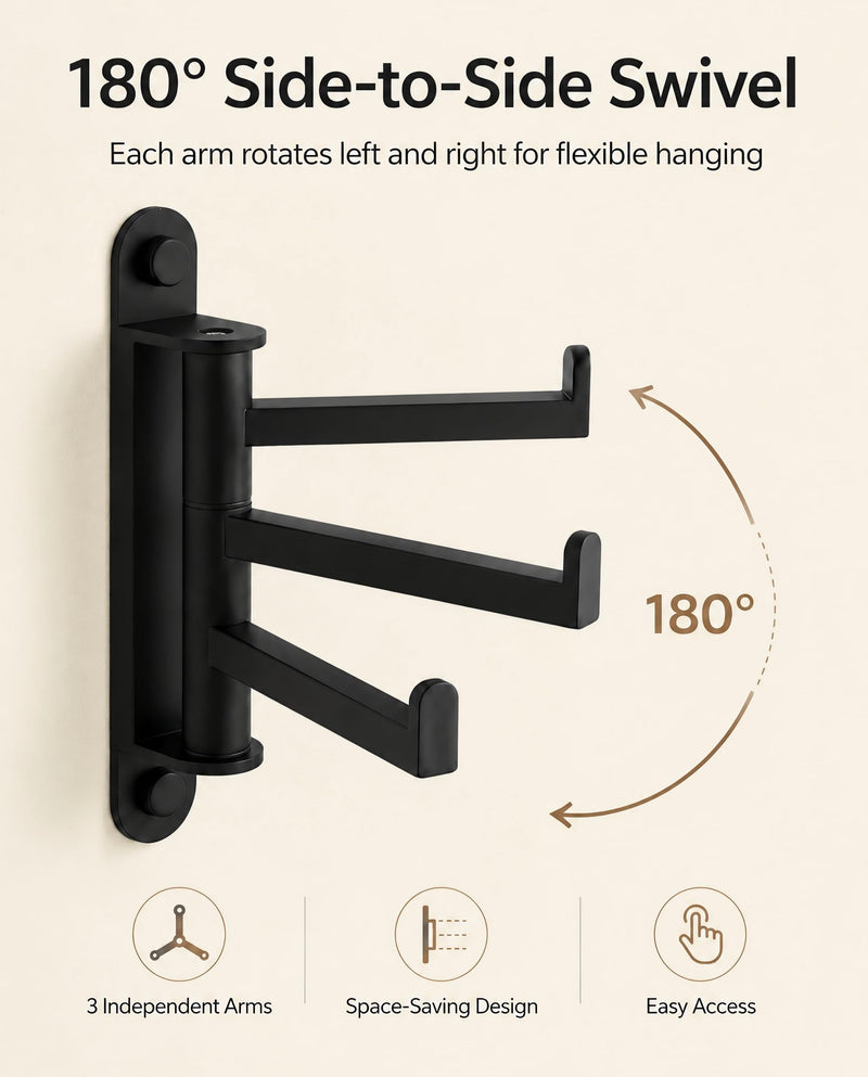3 Arm Swivel Towel Hook, SUS 304 Stainless Steel Wall Mount, Oil Rubbed Finish, Contemporary Style (Matte Black) Matte Black