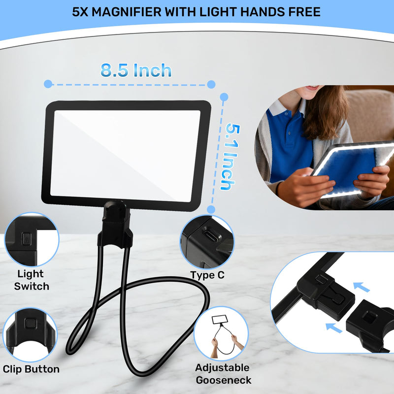 5X Neck Magnifying Glass with Light, Magnifier with Light Hands Free, Full Book Page Magnifier with 3 Light Modes, Flexible Gooseneck for Seniors Reading Low Vision Neck Magnifier Black
